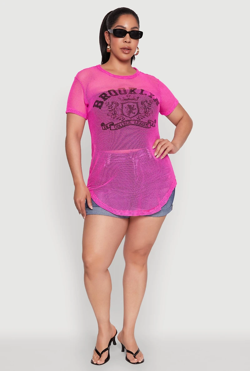 Womens Plus Size Brooklyn College League Fishnet Top, Pink, Size 1X