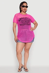 Womens Plus Size Brooklyn College League Fishnet Top, Pink, Size 1X