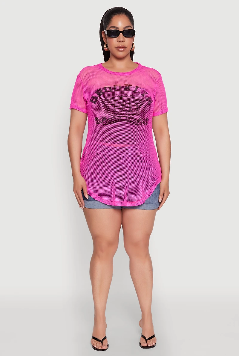 Womens Plus Size Brooklyn College League Fishnet Top, Pink, Size 1X