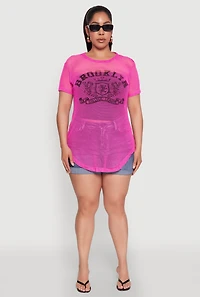 Womens Plus Size Brooklyn College League Fishnet Top, Pink, Size 1X