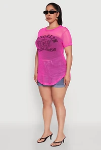 Womens Plus Brooklyn College League Fishnet Top, Pink,