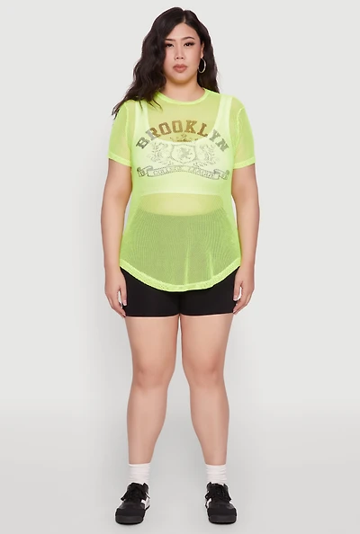 Womens Plus Brooklyn College League Fishnet Top,