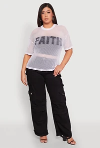 Womens Plus Faith Fishnet Top, White,