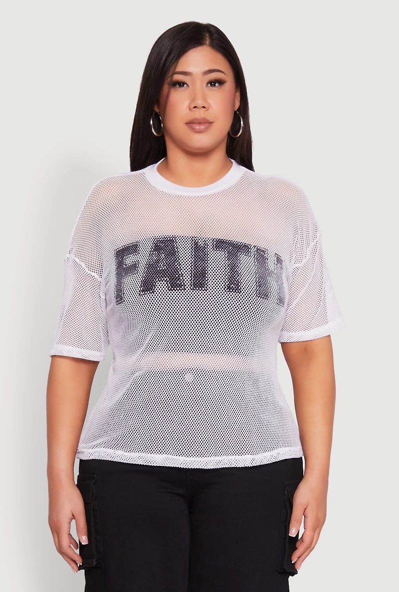 Womens Plus Faith Fishnet Top, White,