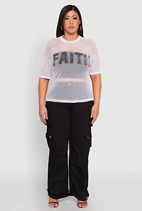 Womens Plus Faith Fishnet Top, White,