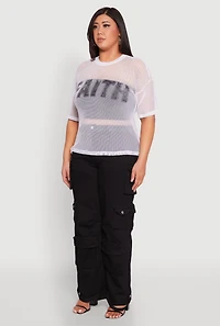 Womens Plus Faith Fishnet Top, White,