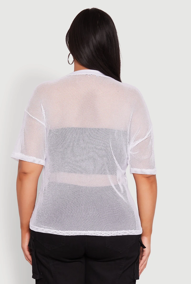 Womens Plus Faith Fishnet Top, White,