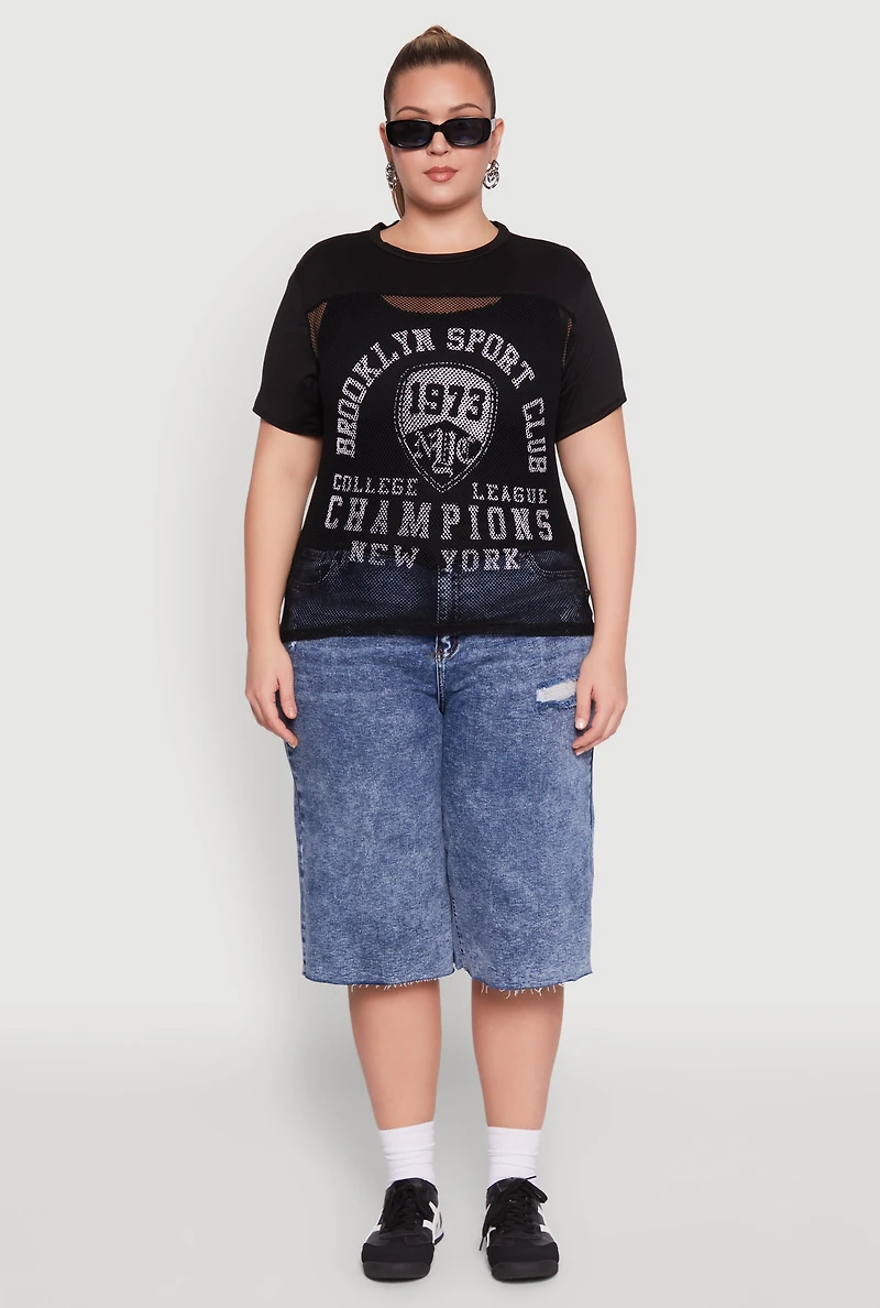 Womens Plus Fishnet Detail Brooklyn Sport Club Top, Black,