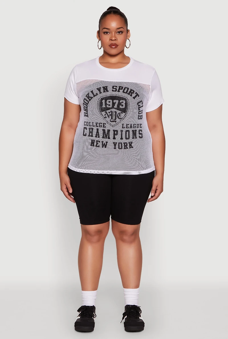 Womens Plus Size Fishnet Detail Brooklyn Sport Club Top, White, Size 4X