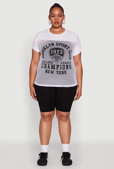Womens Plus Size Fishnet Detail Brooklyn Sport Club Top, White, Size 4X