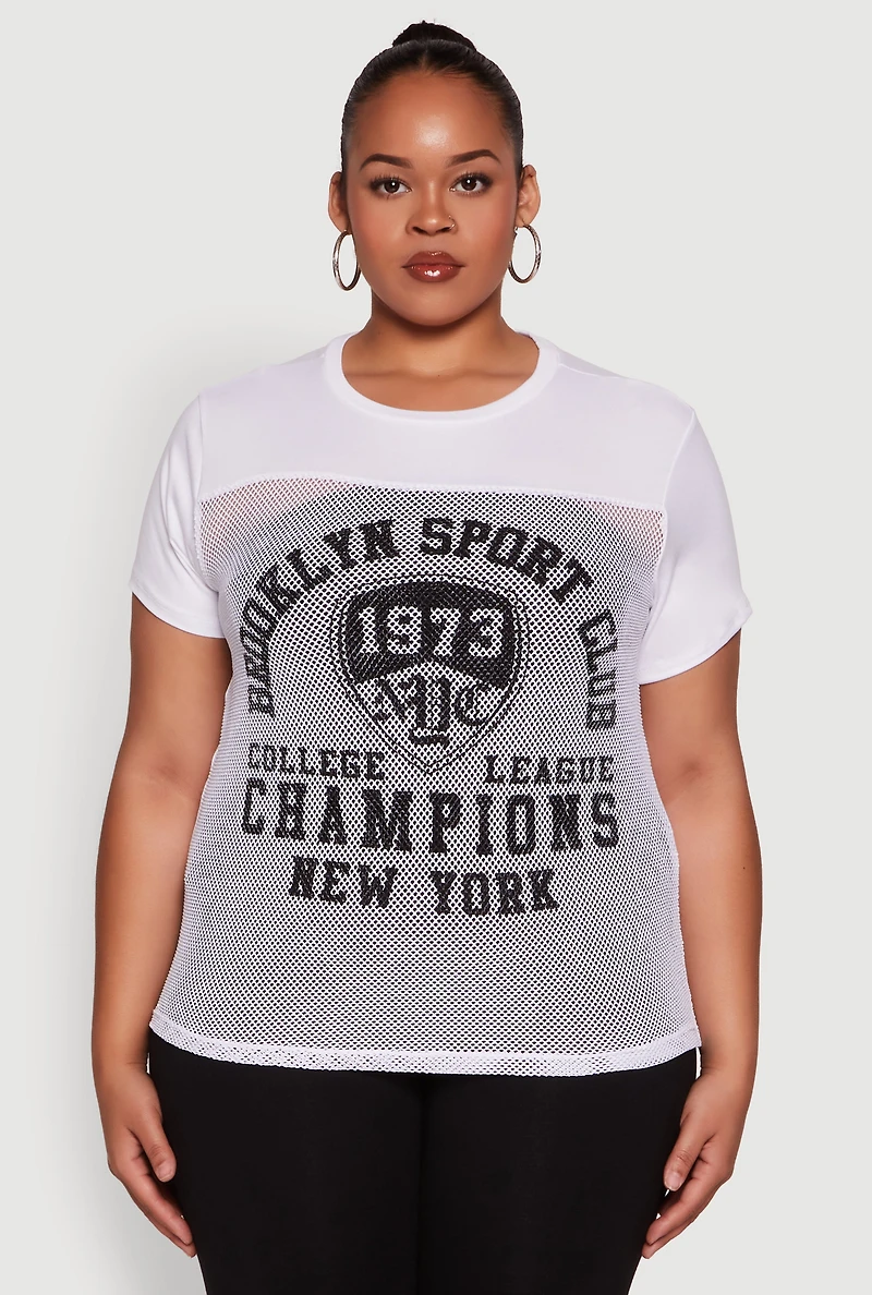 Womens Plus Fishnet Detail Brooklyn Sport Club Top, White,