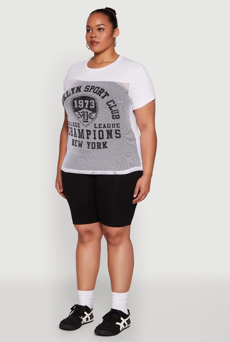 Womens Plus Size Fishnet Detail Brooklyn Sport Club Top, White, Size 1X