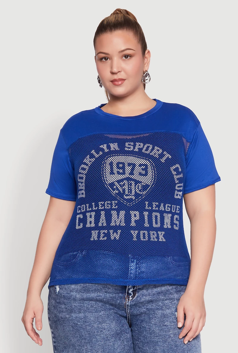 Womens Plus Size Fishnet Detail Brooklyn Sport Club Top, Blue, Size 1X