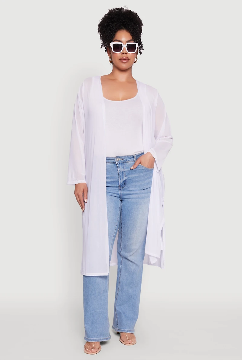 Womens Plus Size Chic Mesh Long Sleeve Duster, White, Size 2X