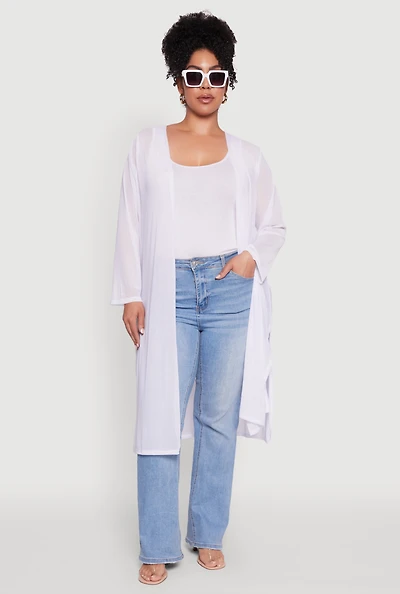 Womens Plus Size Chic Mesh Long Sleeve Duster, White, Size 2X