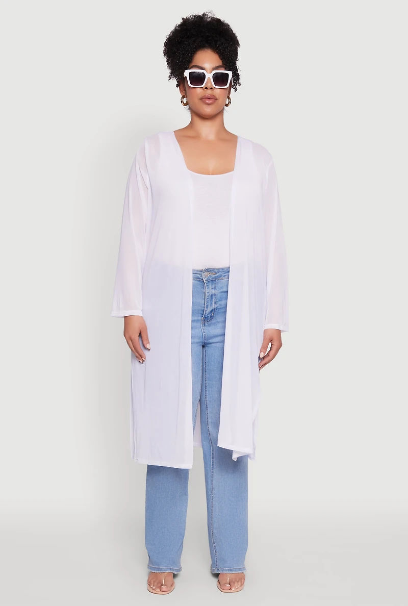 Womens Plus Size Chic Mesh Long Sleeve Duster, White, Size 2X