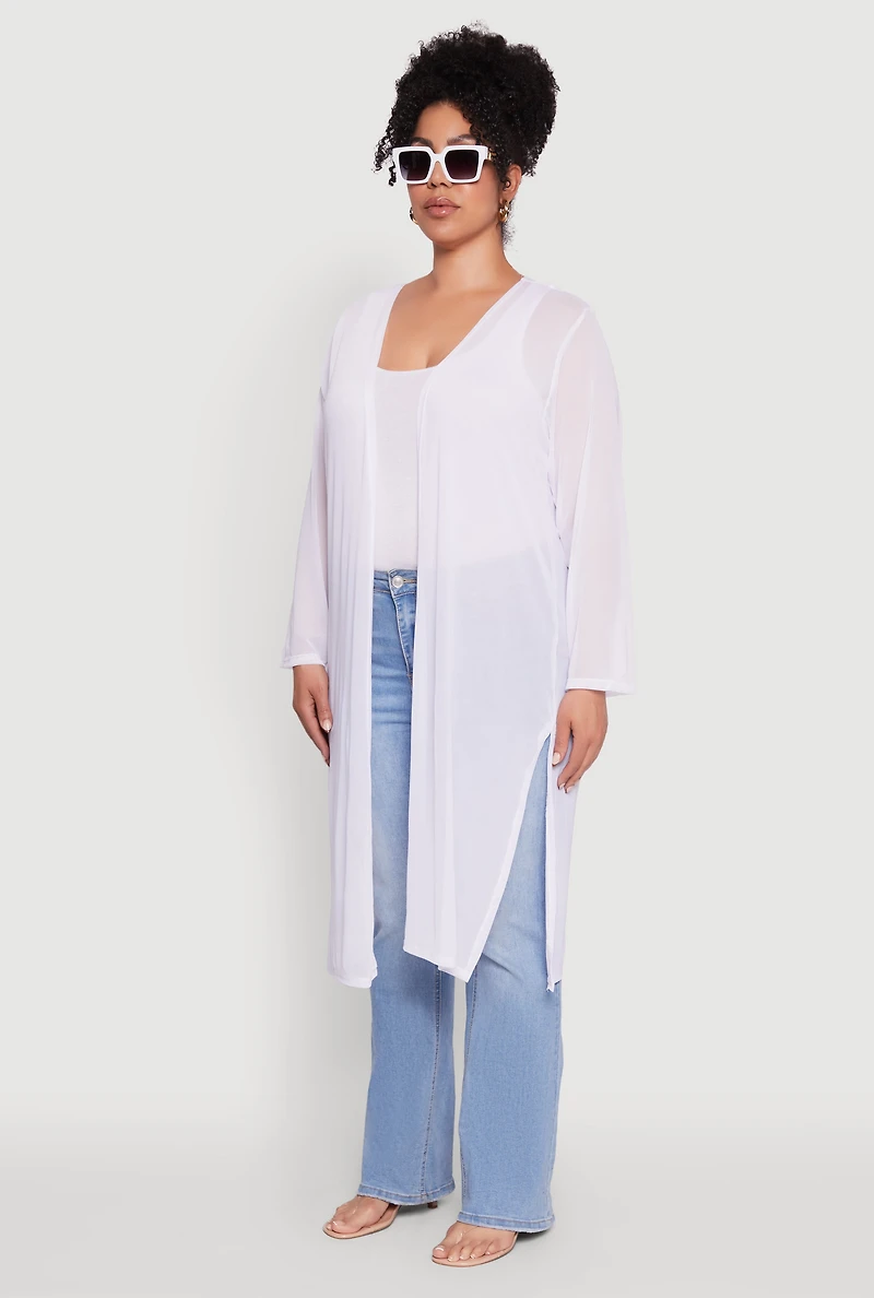 Womens Plus Size Chic Mesh Long Sleeve Duster, White, Size 2X