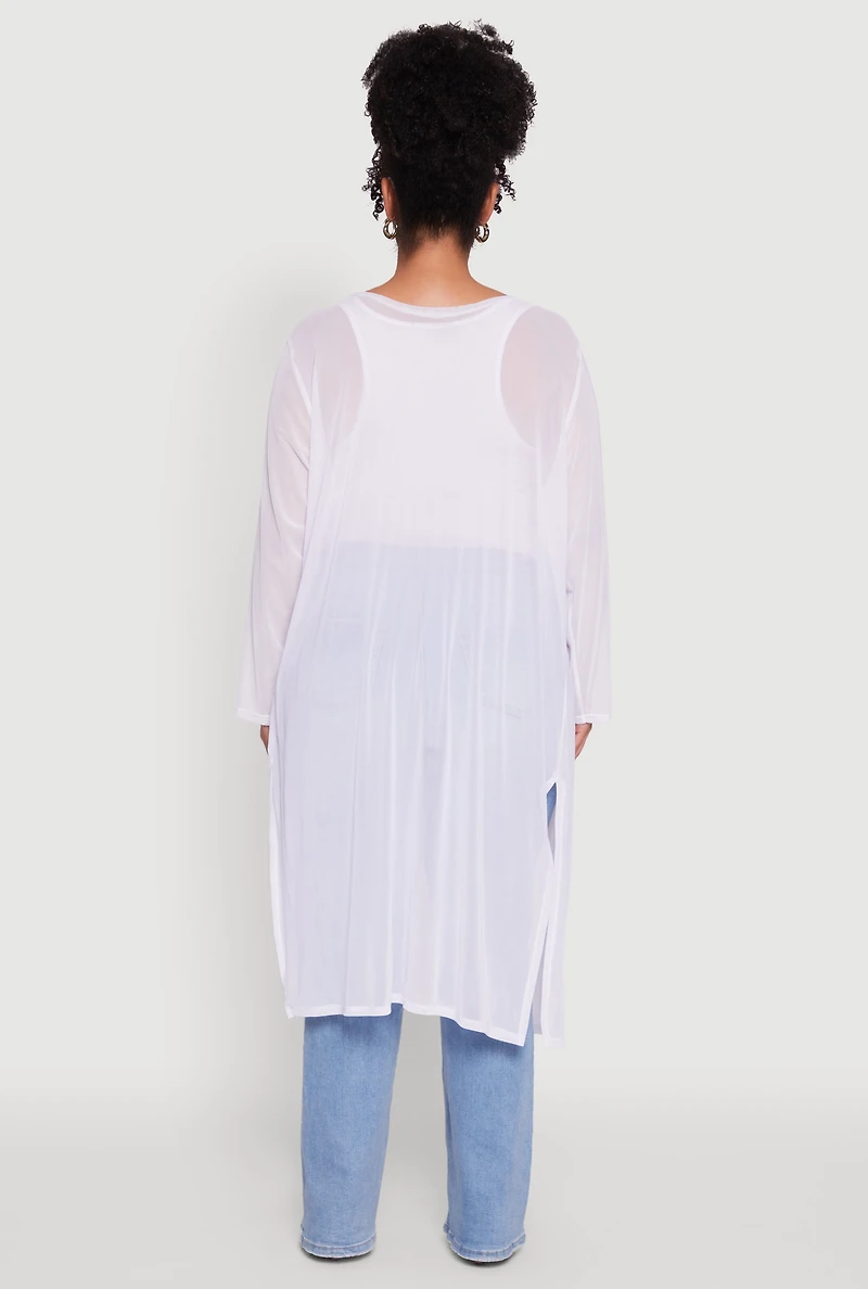 Womens Plus Size Chic Mesh Long Sleeve Duster, White, Size 2X
