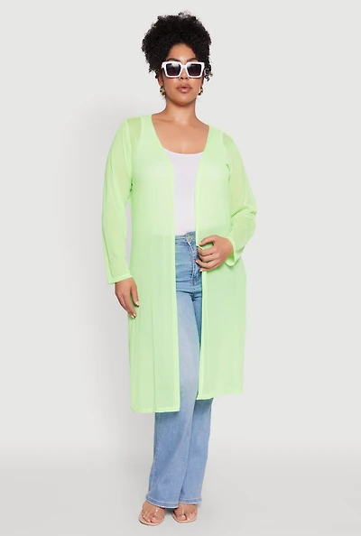Womens Plus Size Chic Mesh Long Sleeve Duster, Green, Size 3X