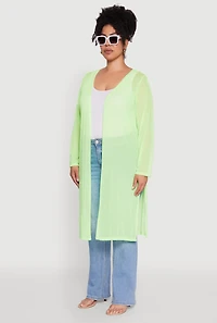 Womens Plus Size Chic Mesh Long Sleeve Duster, Green, Size 1X