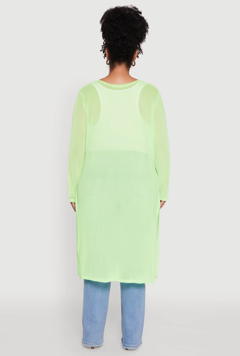 Womens Plus Size Chic Mesh Long Sleeve Duster, Green, Size 1X