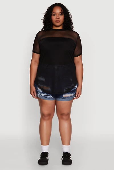 Womens Plus Mesh Crew Neck Tunic Top,