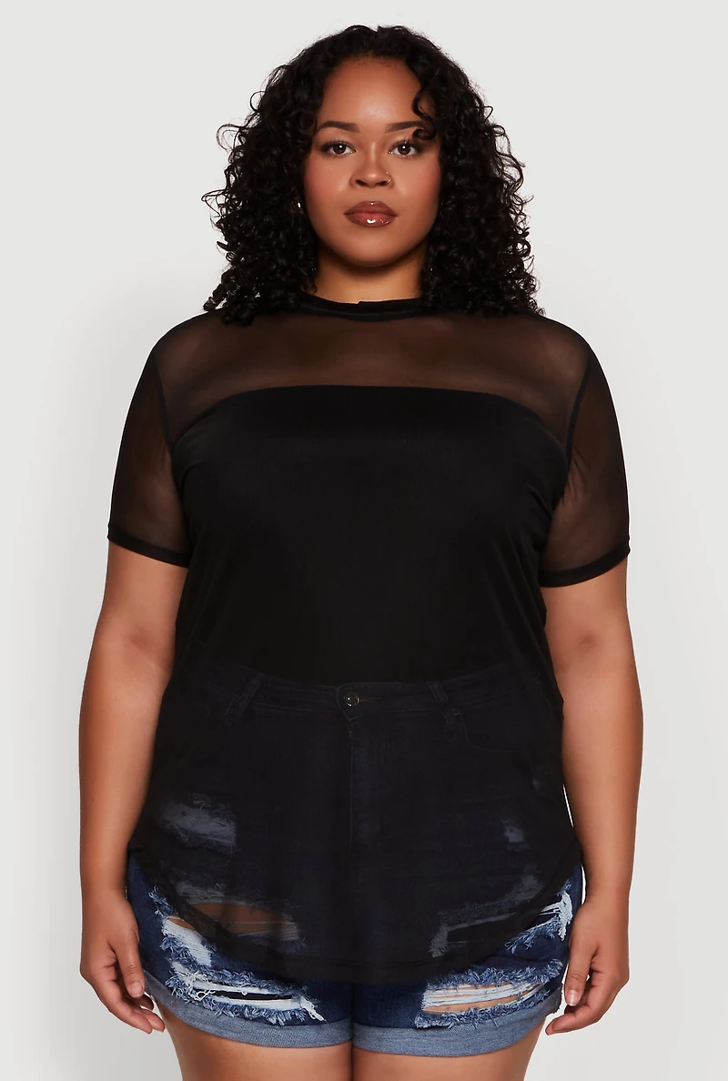 Womens Plus Mesh Crew Neck Tunic Top,