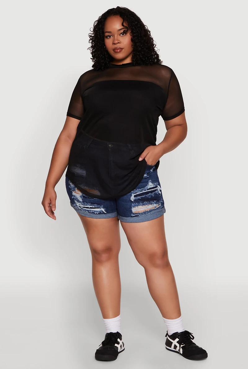 Womens Plus Mesh Crew Neck Tunic Top,