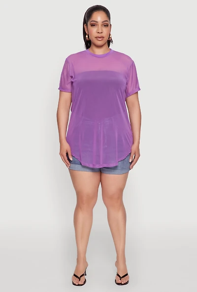 Womens Plus Mesh Crew Neck Tunic Top, Purple,