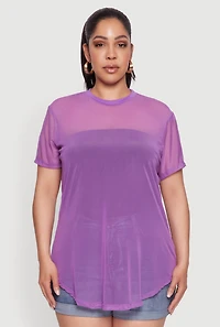 Womens Plus Mesh Crew Neck Tunic Top, Purple,