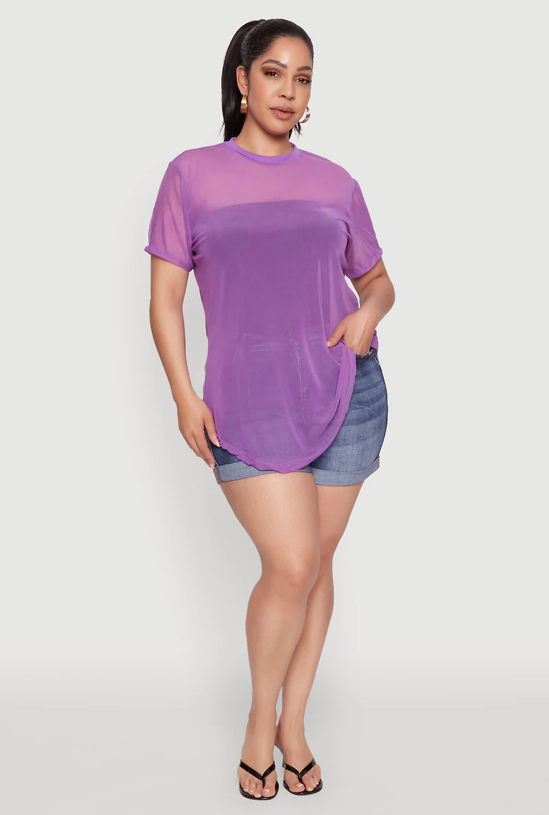Womens Plus Mesh Crew Neck Tunic Top, Purple,