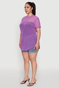 Womens Plus Mesh Crew Neck Tunic Top, Purple,
