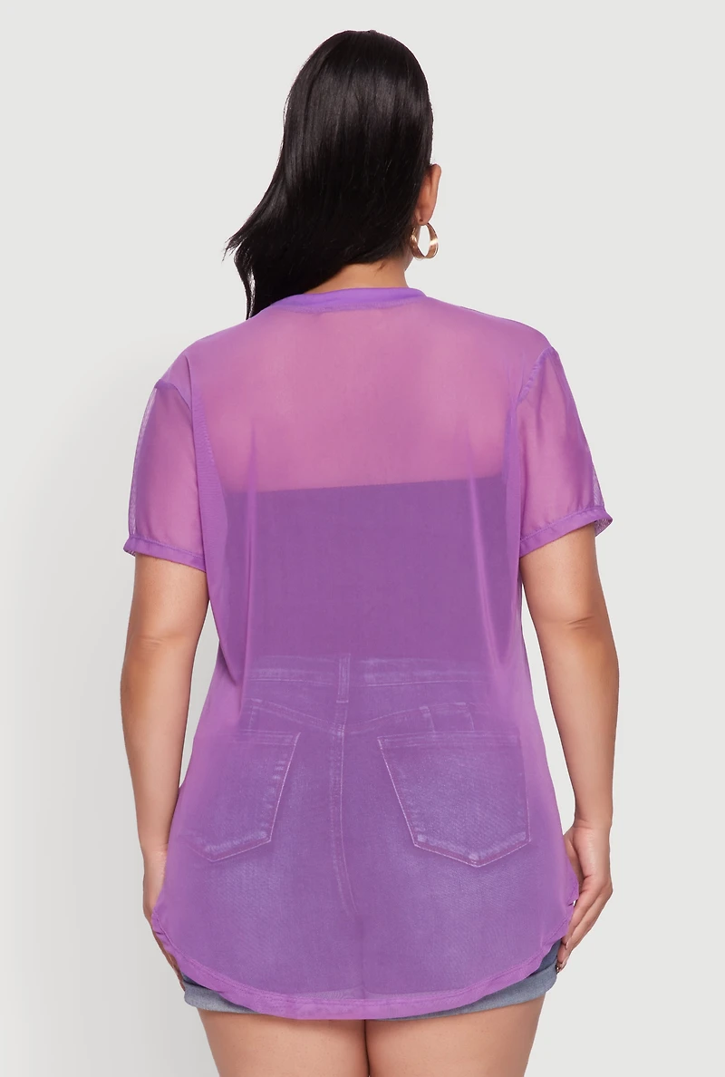 Womens Plus Mesh Crew Neck Tunic Top, Purple,