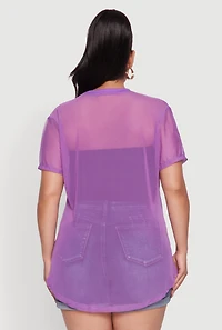 Womens Plus Mesh Crew Neck Tunic Top, Purple,