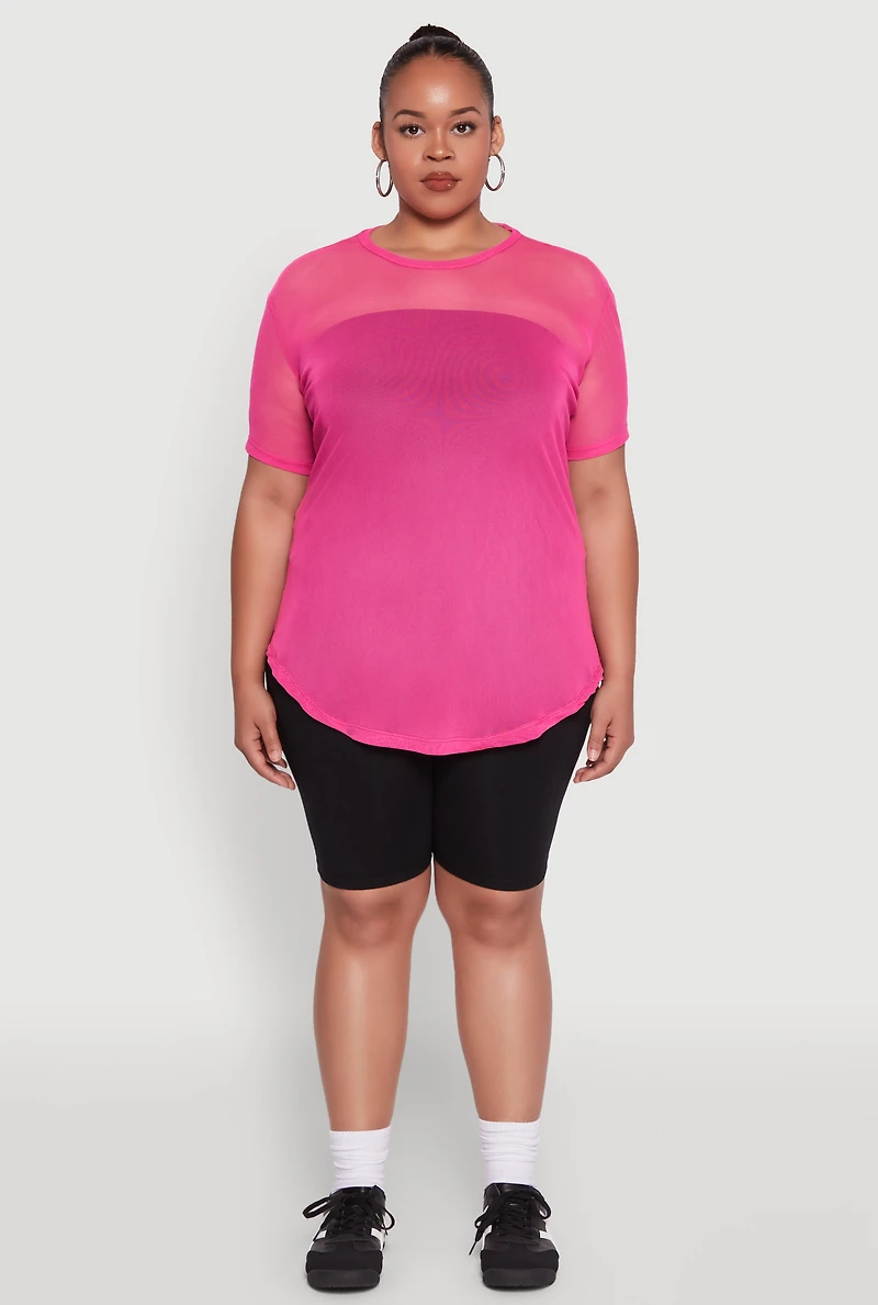 Womens Plus Mesh Crew Neck Tunic Top, Pink,