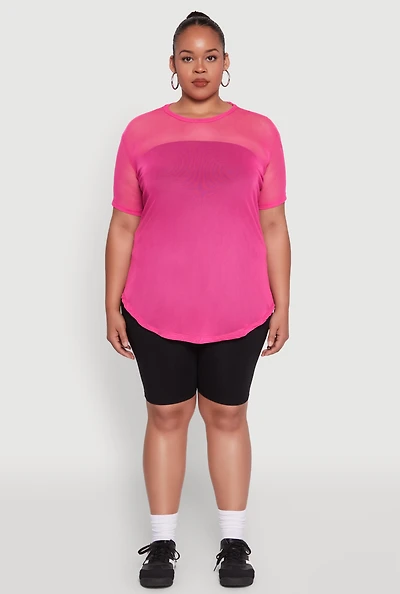 Womens Plus Mesh Crew Neck Tunic Top, Pink,