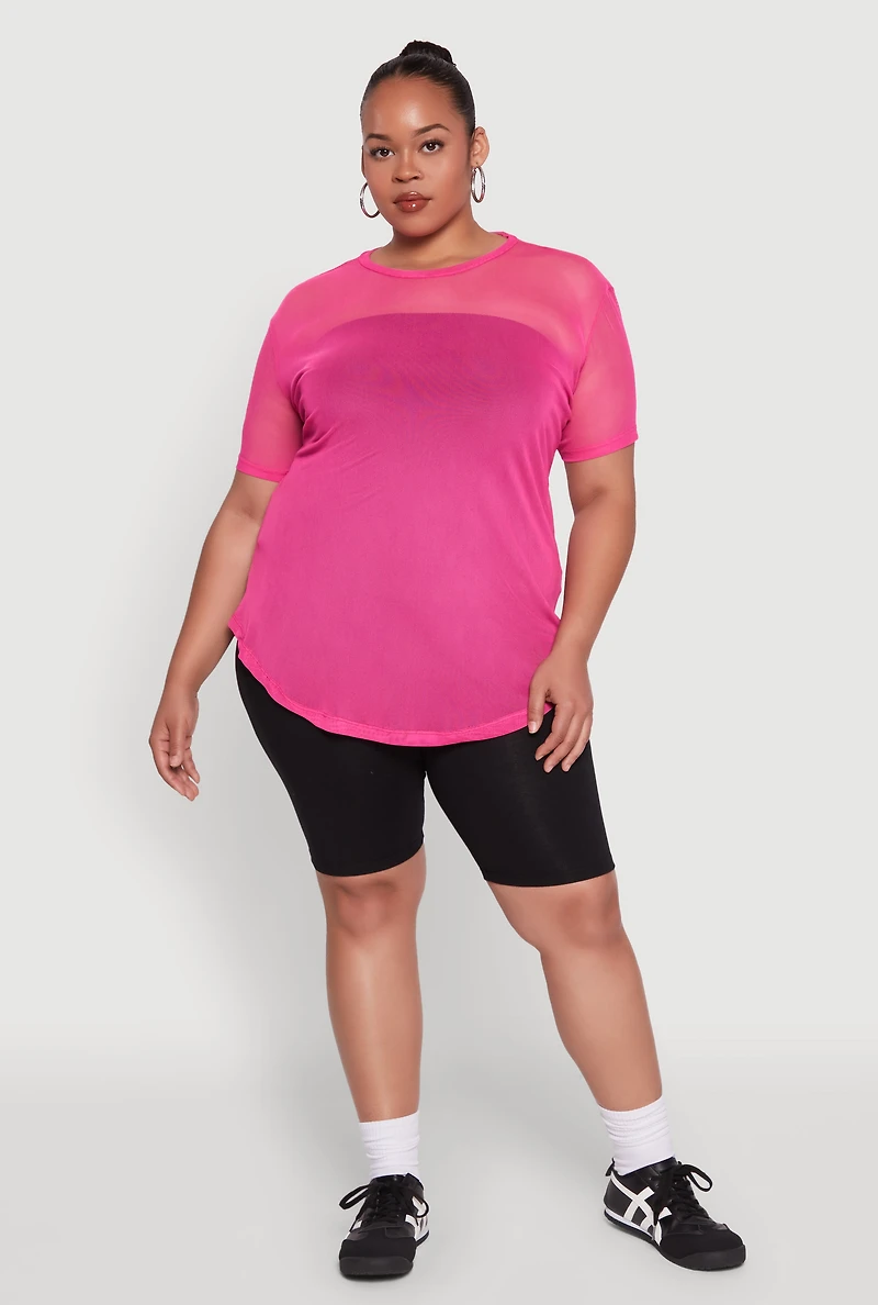 Womens Plus Mesh Crew Neck Tunic Top, Pink,