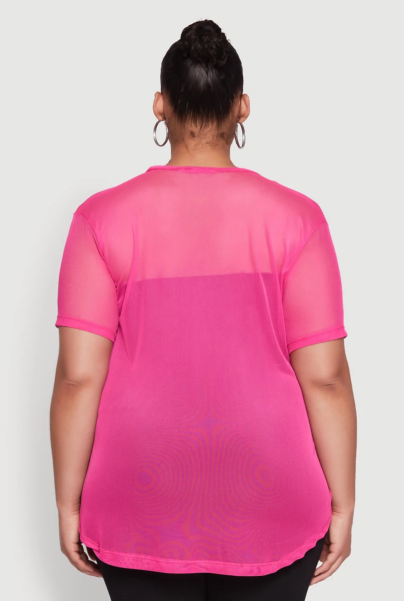 Womens Plus Mesh Crew Neck Tunic Top, Pink,