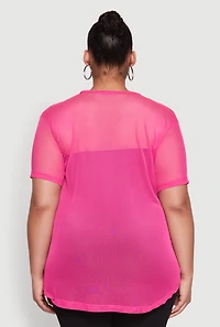 Womens Plus Mesh Crew Neck Tunic Top, Pink,