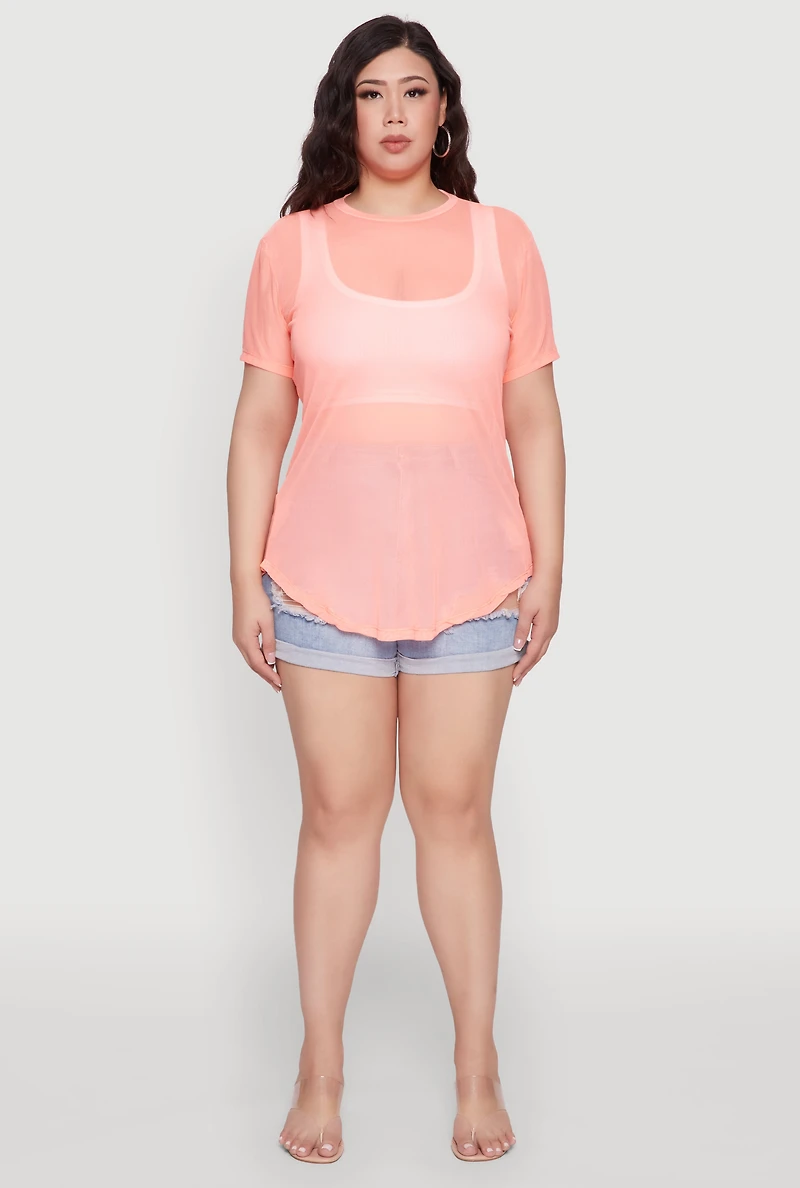 Womens Plus Mesh Crew Neck Tunic Top,