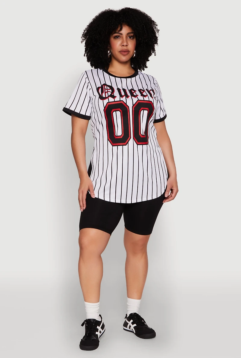 Womens Plus Size Striped Queen Graphic Baseball Tee, White, Size 2X