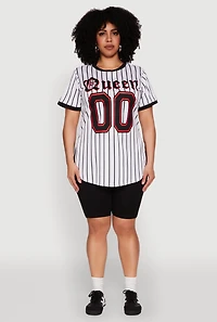 Womens Plus Size Striped Queen Graphic Baseball Tee, White, Size 2X
