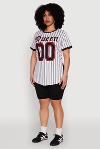 Womens Plus Size Striped Queen Graphic Baseball Tee, White, Size 2X