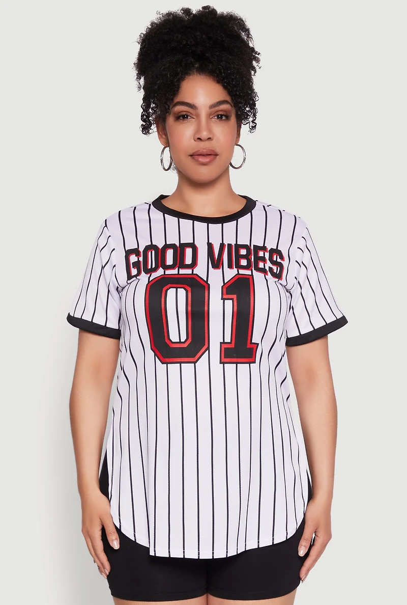 Womens Plus Good Vibes 01 Pinstripe Baseball Jersey,