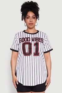 Womens Plus Good Vibes 01 Pinstripe Baseball Jersey,