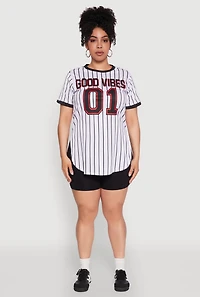 Womens Plus Good Vibes 01 Pinstripe Baseball Jersey,
