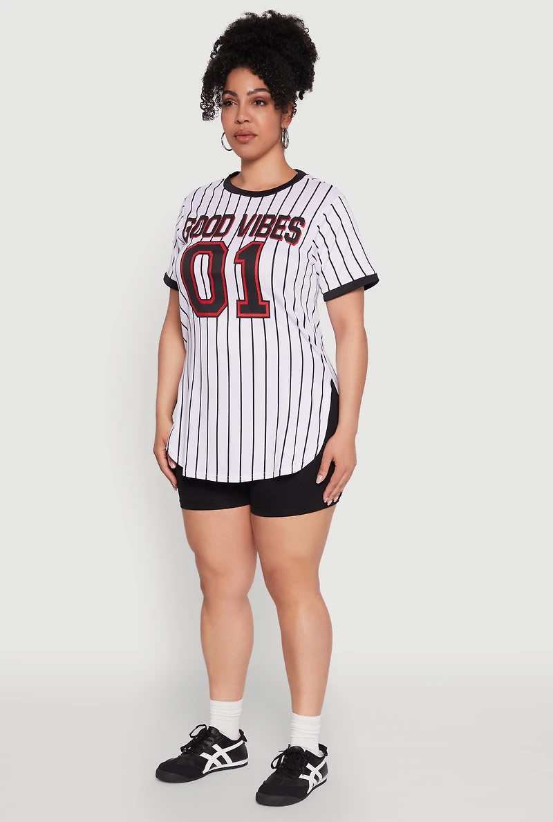Womens Plus Good Vibes 01 Pinstripe Baseball Jersey,