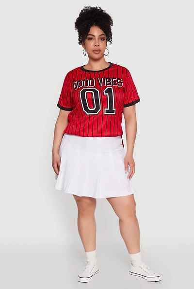 Womens Plus Size Good Vibes 01 Pinstripe Baseball Jersey, Red, Size 4X