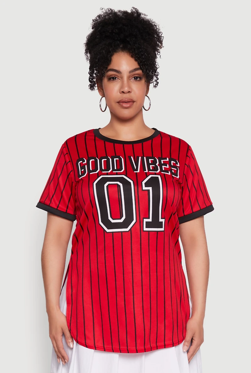 Womens Plus Size Good Vibes 01 Pinstripe Baseball Jersey, Red, Size 4X