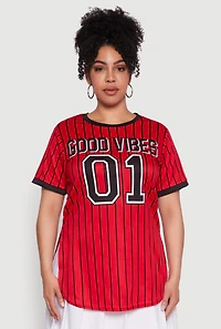 Womens Plus Size Good Vibes 01 Pinstripe Baseball Jersey, Red, Size 4X
